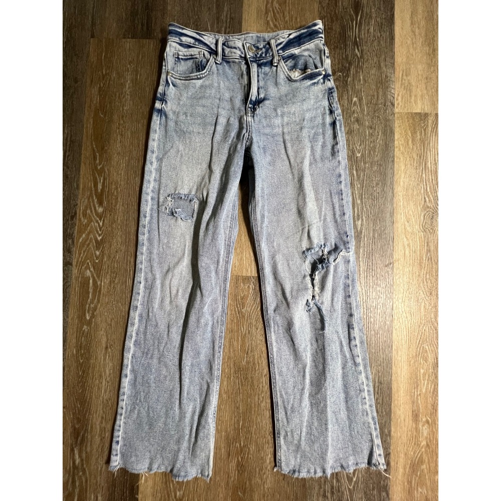 Target Wide Leg Jeans Girls Size 16 Light Blue Distressed High Rise Raw Hem